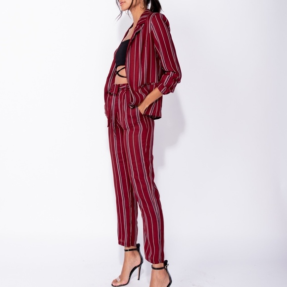 SALE! Burgundy Striped High Waist Straight Pants - Picture 5 of 9